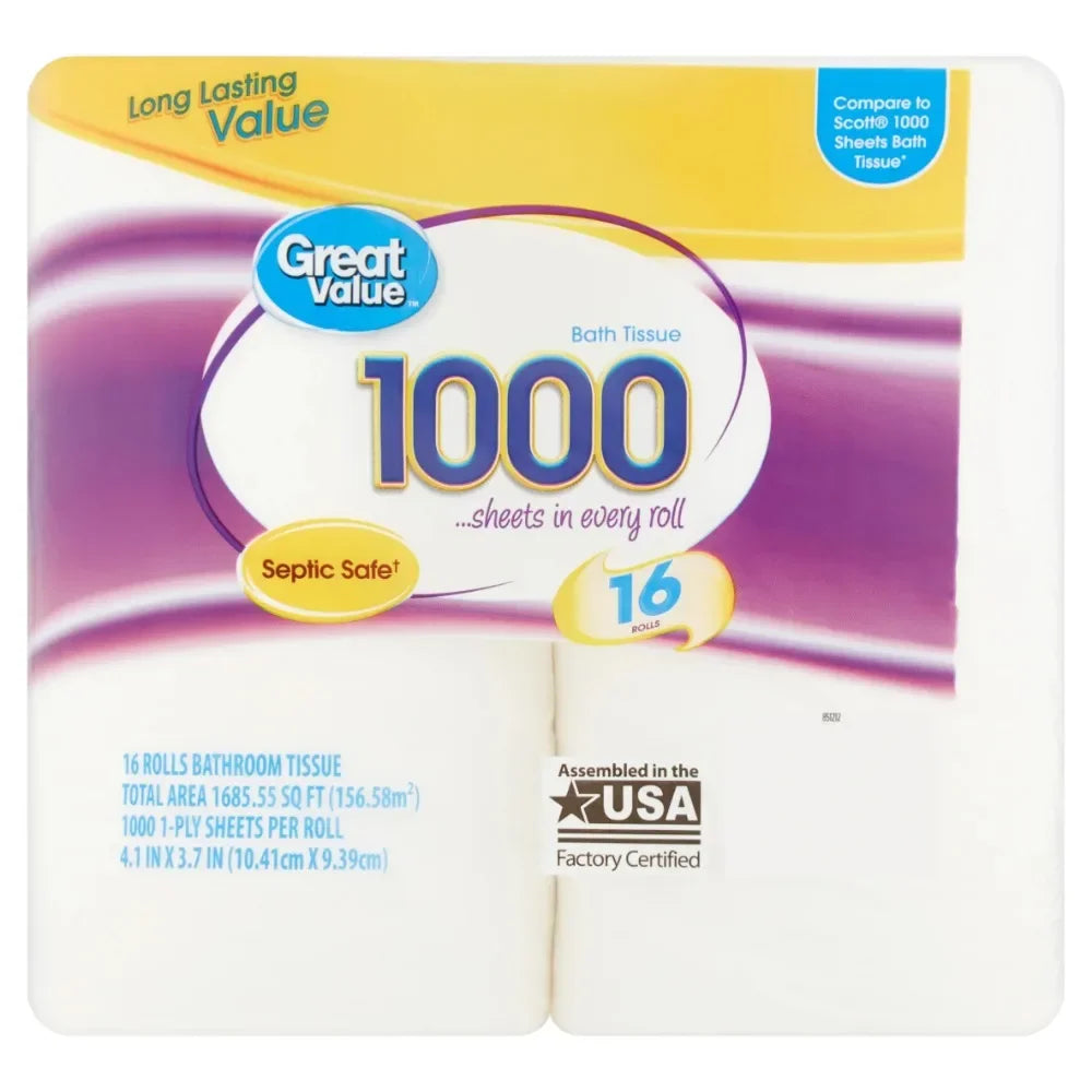 Great Value 1,000 Sheets per Roll Toilet Paper, 16 Rolls