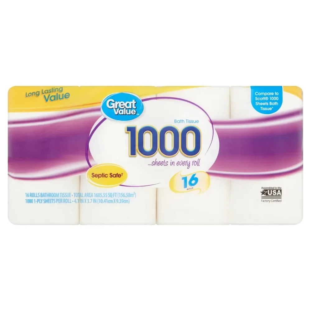 Great Value 1,000 Sheets per Roll Toilet Paper, 16 Rolls