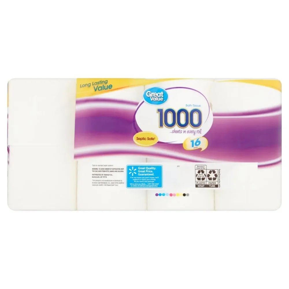 Great Value 1,000 Sheets per Roll Toilet Paper, 16 Rolls