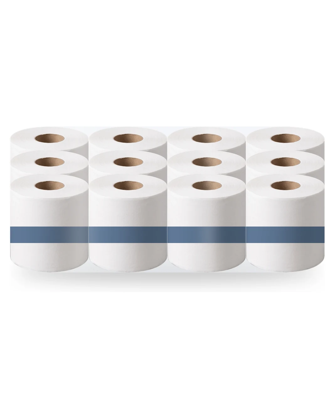 A generic clear-wrapped pack of twelve white rolls with a plain blue band, rendered on white.