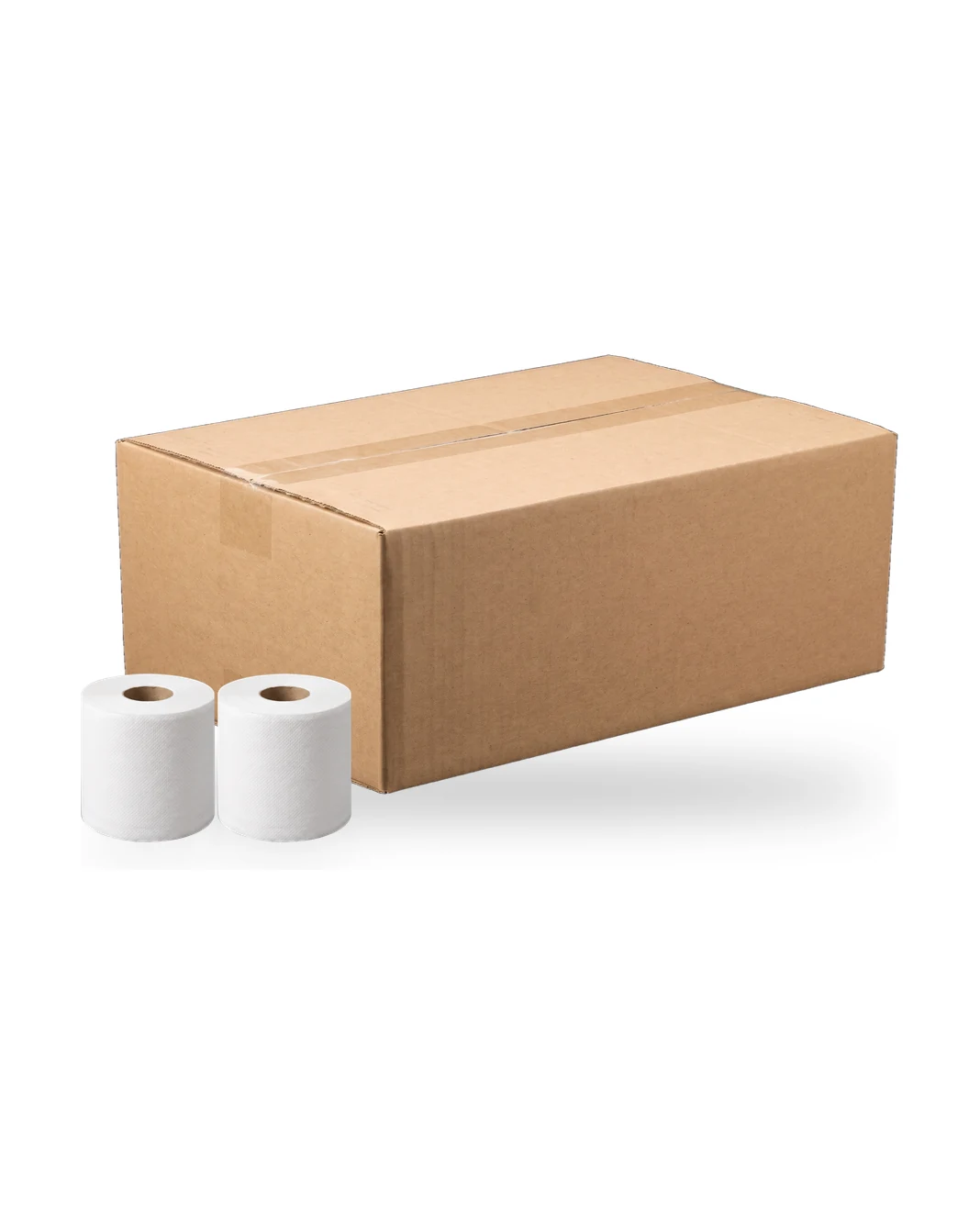 A plain unprinted kraft shipping case with two white 2-ply rolls standing in front of it for size, rendered on white.
